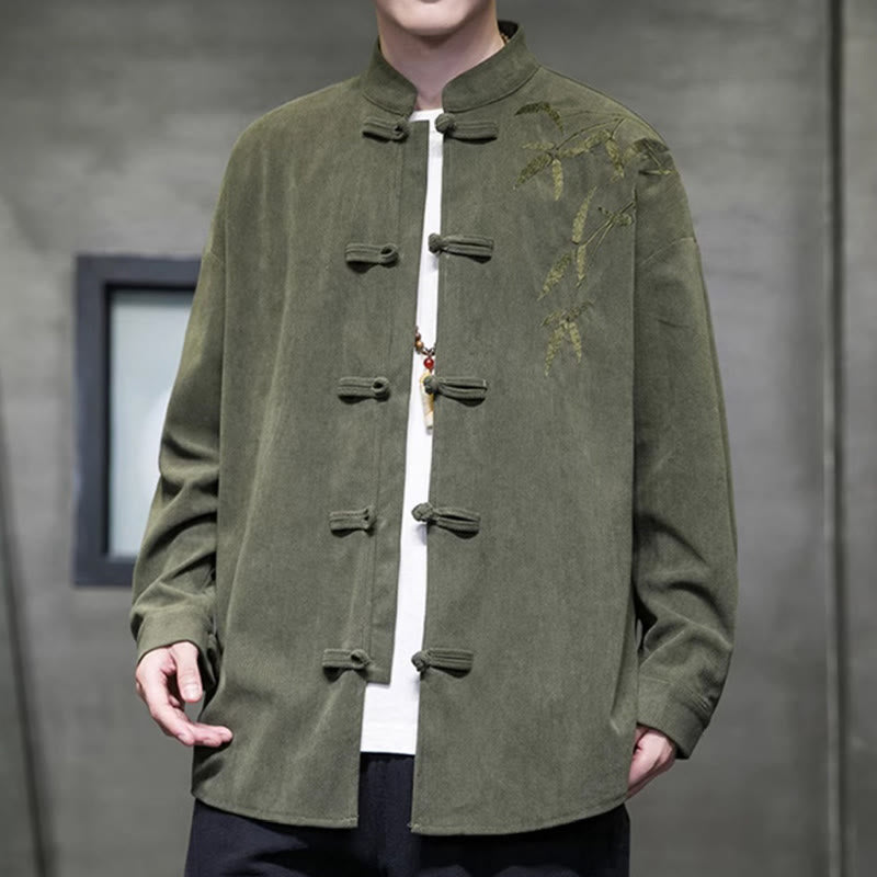 Buddha Stones Spring Chinese Embroiderd Bamboo Men's Frog-button Long Sleeve Cotton Corduroy Jacket - image 3