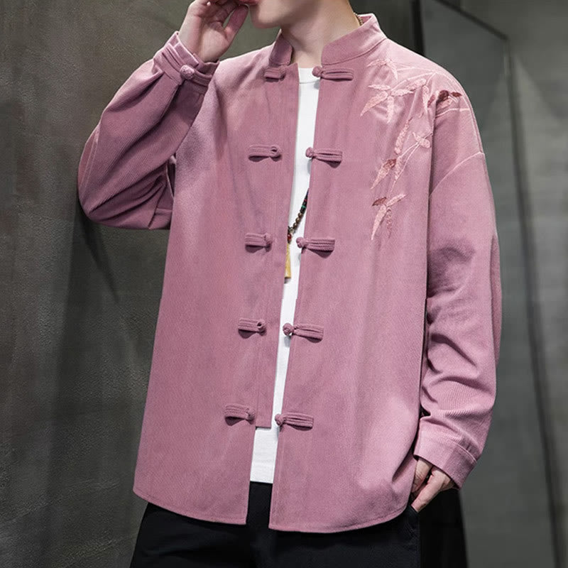 Buddha Stones Spring Chinese Embroiderd Bamboo Men's Frog-button Long Sleeve Cotton Corduroy Jacket - image 26