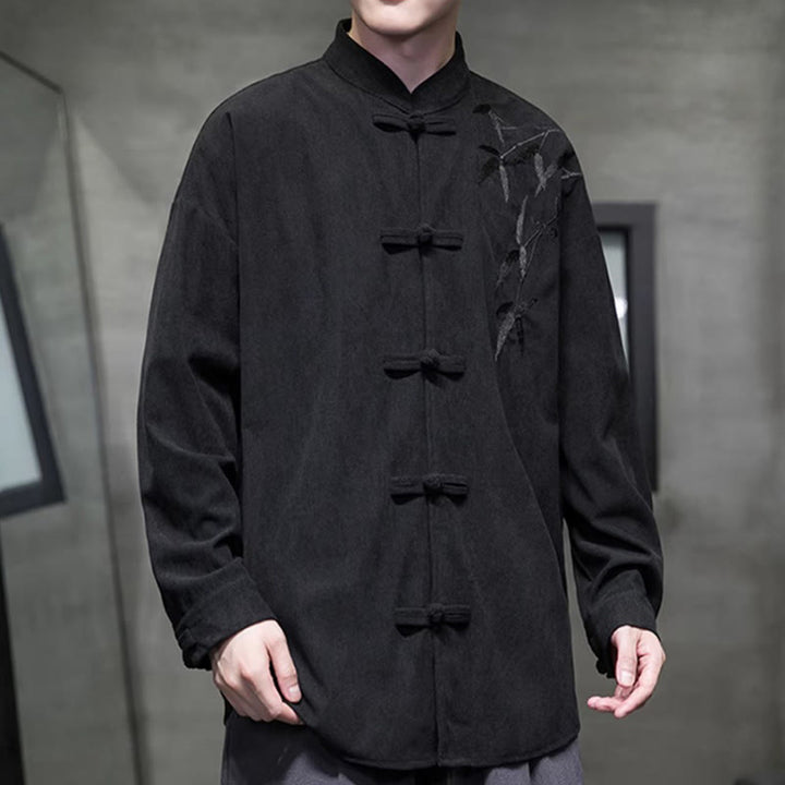 Buddha Stones Spring Chinese Embroiderd Bamboo Men's Frog-button Long Sleeve Cotton Corduroy Jacket - image 35