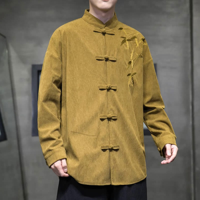 Buddha Stones Spring Chinese Embroiderd Bamboo Men's Frog-button Long Sleeve Cotton Corduroy Jacket - image 14