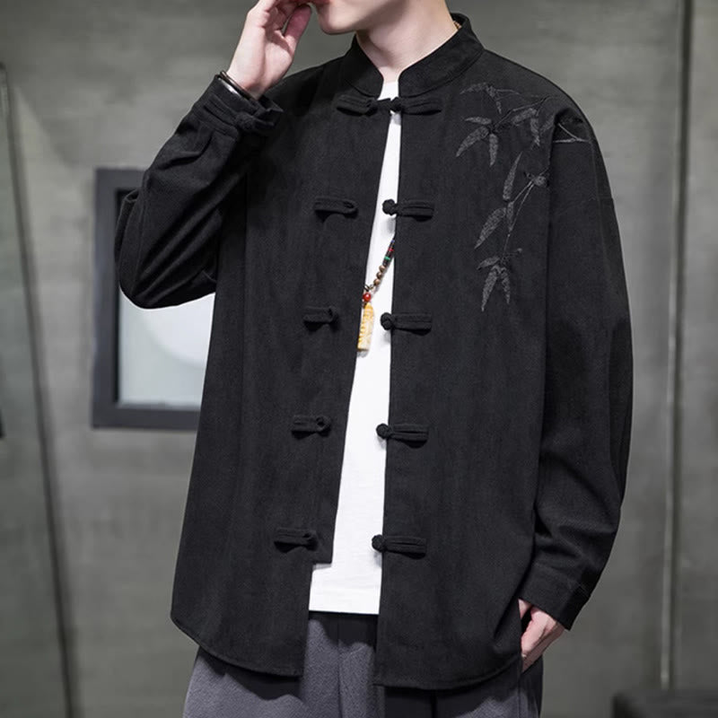 Buddha Stones Spring Chinese Embroiderd Bamboo Men's Frog-button Long Sleeve Cotton Corduroy Jacket - image 30