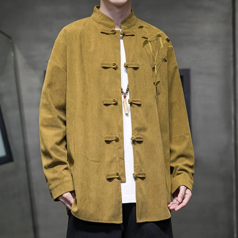 Buddha Stones Spring Chinese Embroiderd Bamboo Men's Frog-button Long Sleeve Cotton Corduroy Jacket - image 10