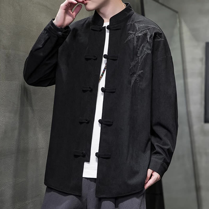 Buddha Stones Spring Chinese Embroiderd Bamboo Men's Frog-button Long Sleeve Cotton Corduroy Jacket - image 36