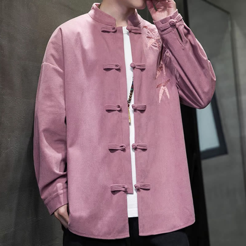 Buddha Stones Spring Chinese Embroiderd Bamboo Men's Frog-button Long Sleeve Cotton Corduroy Jacket - image 22