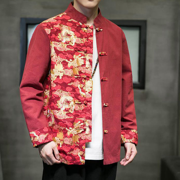 Buddha Stones Printed Color Contrast Dragon Pattern Frog-button Long Sleeve Men's Cotton Jacket - image 3