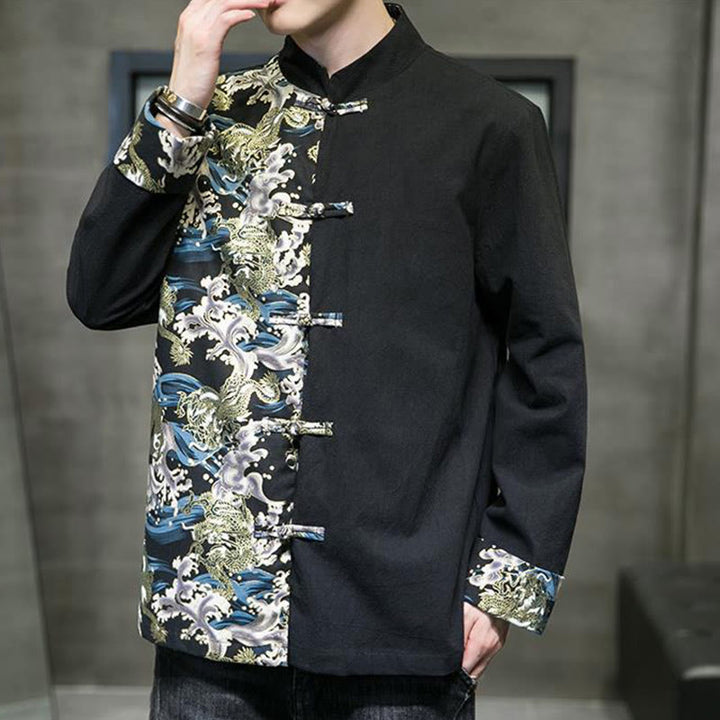 Buddha Stones Printed Color Contrast Dragon Pattern Frog-button Long Sleeve Men's Cotton Jacket - image 15