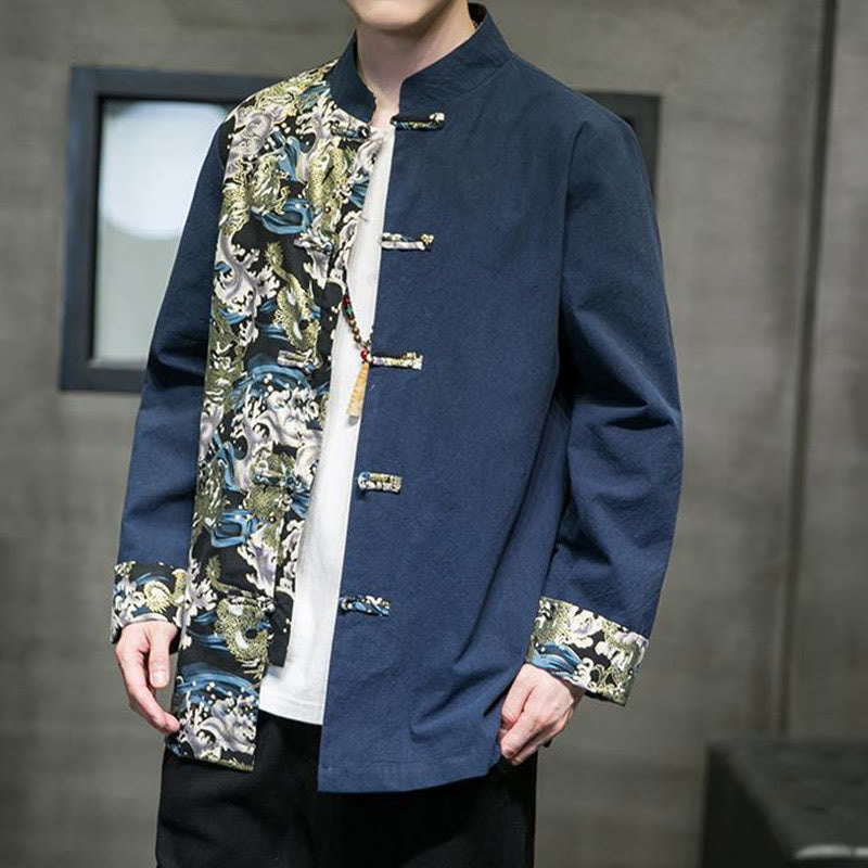 Buddha Stones Printed Color Contrast Dragon Pattern Frog-button Long Sleeve Men's Cotton Jacket - image 22