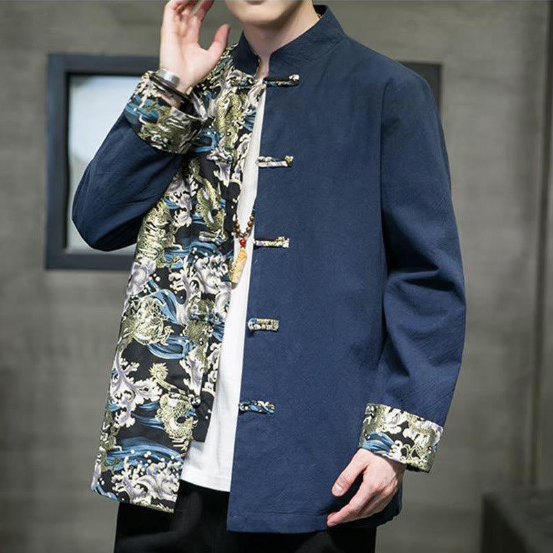 Buddha Stones Printed Color Contrast Dragon Pattern Frog-button Long Sleeve Men's Cotton Jacket - image 24