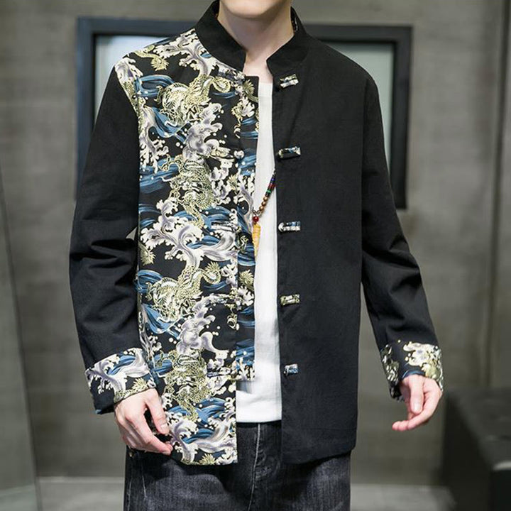 Buddha Stones Printed Color Contrast Dragon Pattern Frog-button Long Sleeve Men's Cotton Jacket - image 13