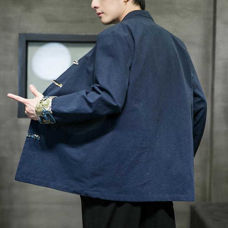 Buddha Stones Printed Color Contrast Dragon Pattern Frog-button Long Sleeve Men's Cotton Jacket - image 25