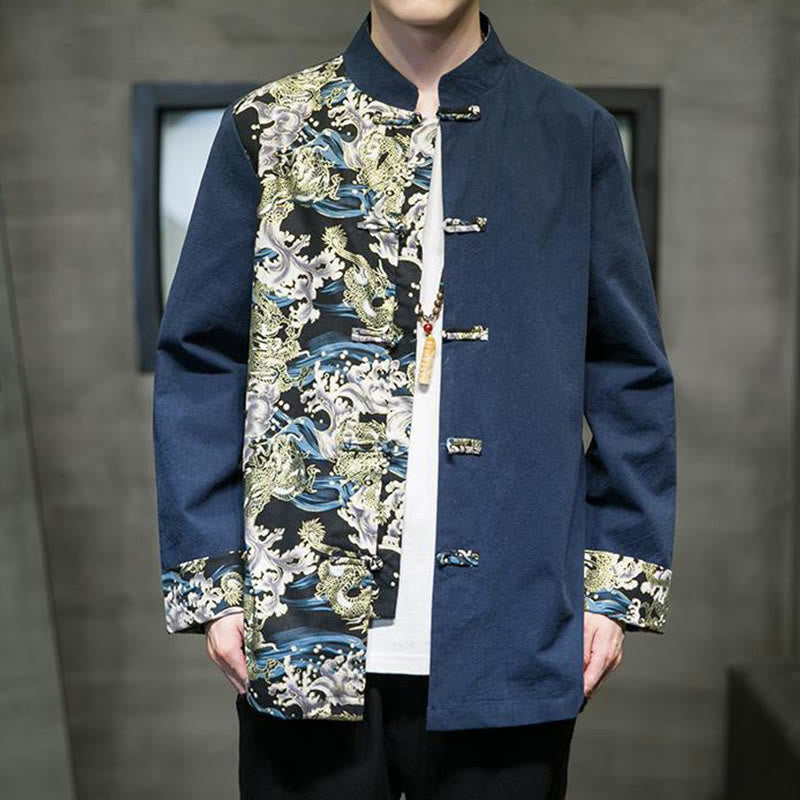 Buddha Stones Printed Color Contrast Dragon Pattern Frog-button Long Sleeve Men's Cotton Jacket - image 23