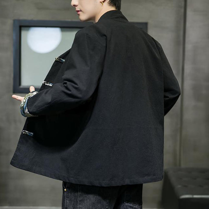 Buddha Stones Printed Color Contrast Dragon Pattern Frog-button Long Sleeve Men's Cotton Jacket - image 14