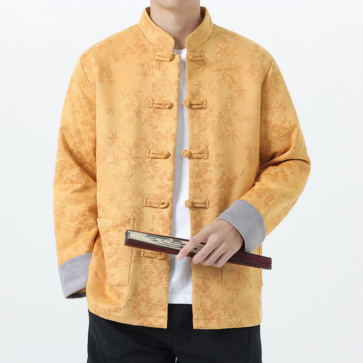 Buddha Stones Fall Jacquard Bamboo Frog-button Long Sleeve Men's Cotton Jacket With Pockets - image 2