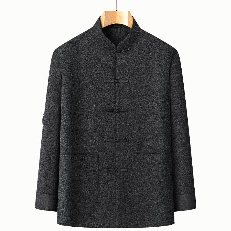 Buddha Stones Men's Fall Pure Color Frog-button Long Sleeve Cotton Tang Suit Jacket With Pockets - Black - US/UK/AU42，EU52 (3XL) - image 1