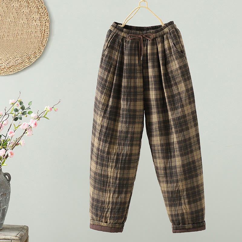 Buddha Stones Multi-color Plaid Pattern Cotton-padded Women's Harem Thermal Pants With Pockets - PaleGoldenrod - US8-10，UK/AU12-14，EU40-42 (2XL) - image 0