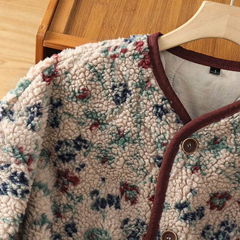 Buddha Stones Women's Cotton Flower Pattern Buttons Design Long Sleeve Thermal Jacket With Pockets - image 5