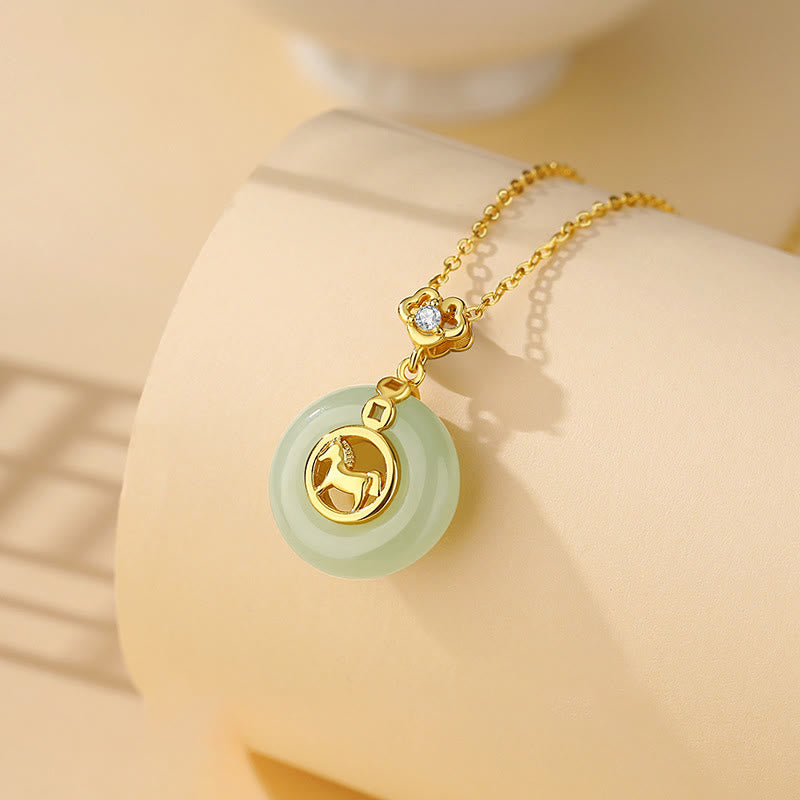 Buddha Stones 925 Sterling Silver Hetian Jade Year Of The Horse Peace Buckle Luck Necklace Pendant - image 1