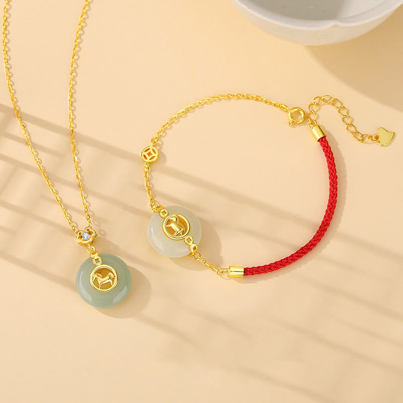 Buddha Stones 925 Sterling Silver Hetian Jade Peace Buckle Year Of The Horse Red String Bracelet - image 17