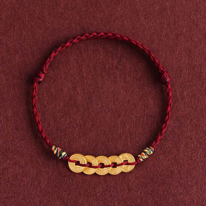 Buddha Stones Five Copper Coins Design Braided String Protection Bracelet Anklet - DarkRed Anklet - image 11