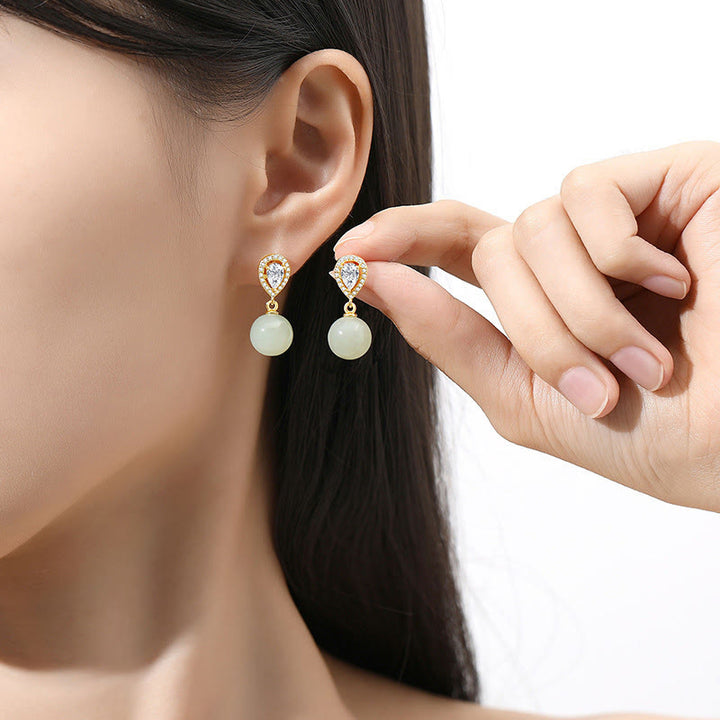 Buddha Stones 925 Sterling Silver Waterdrop Design Hetian Jade Bead Prosperity Earrings - image 6