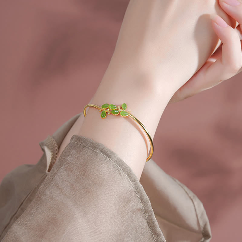 Buddha Stones 925 Sterling Silver Leaves Engraved Green Jasper Protection Bracelet Bangle - image 5