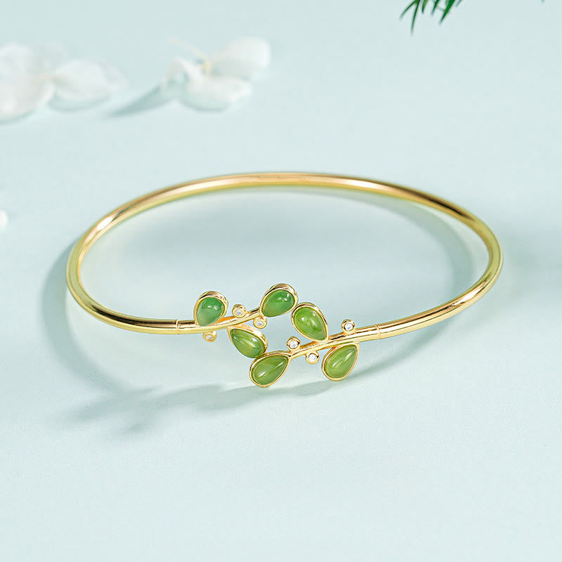Buddha Stones 925 Sterling Silver Leaves Engraved Green Jasper Protection Bracelet Bangle - image 0