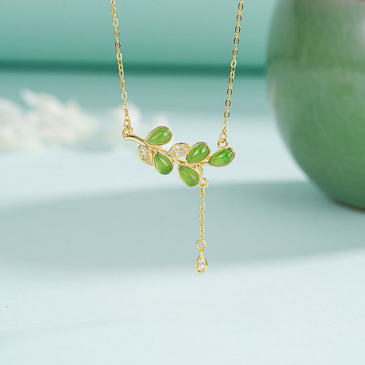 Buddha Stones 925 Sterling Silver Leaves Tassel Design Green Jasper Protection Necklace Pandant - image 0