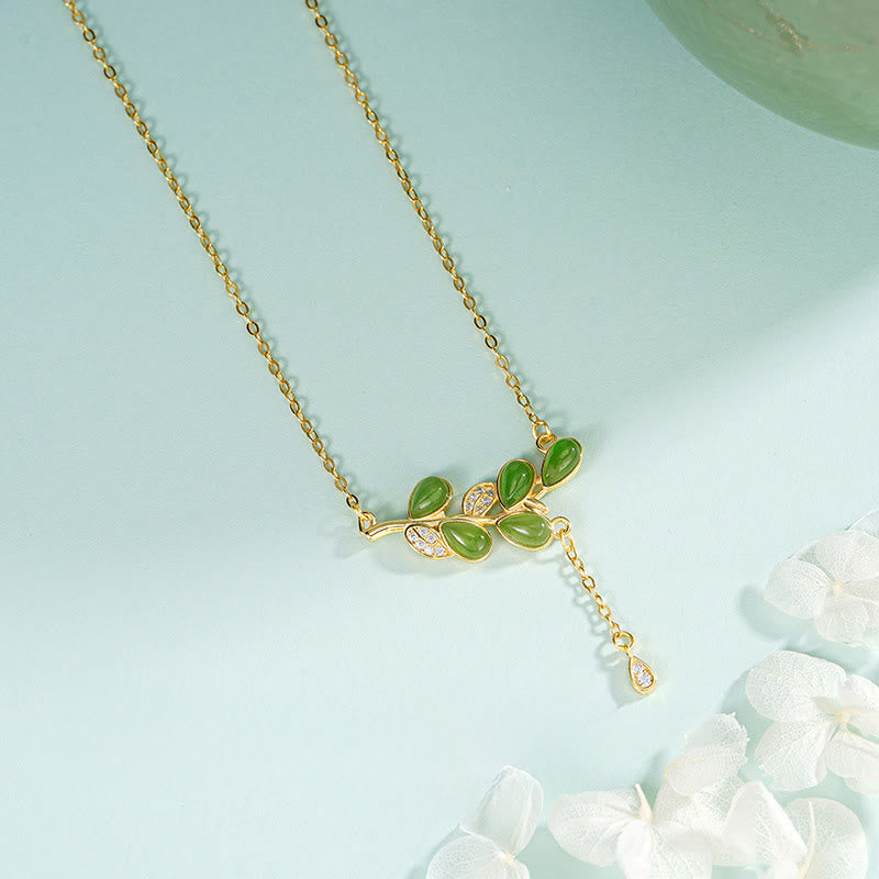Buddha Stones 925 Sterling Silver Leaves Tassel Design Green Jasper Protection Necklace Pandant - image 2