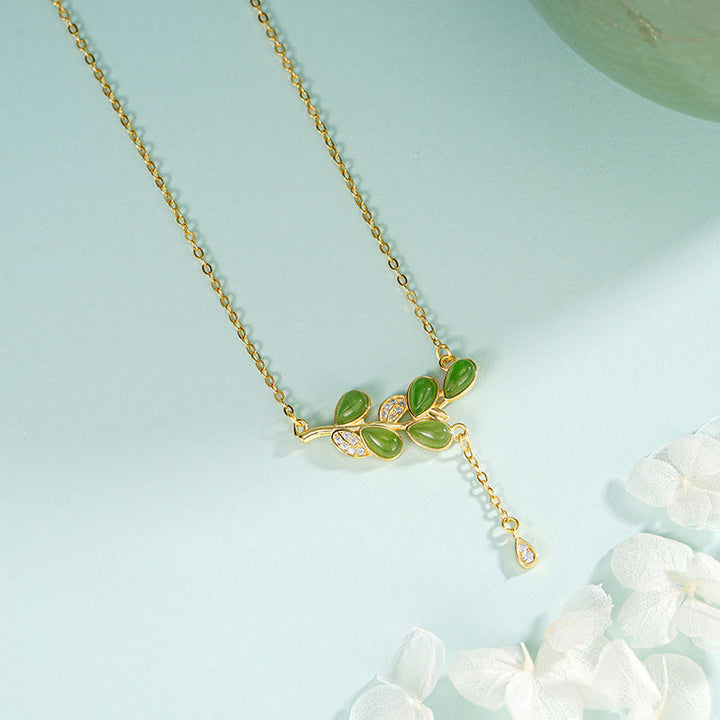 Buddha Stones 925 Sterling Silver Leaves Tassel Design Green Jasper Protection Necklace Pandant - image 2