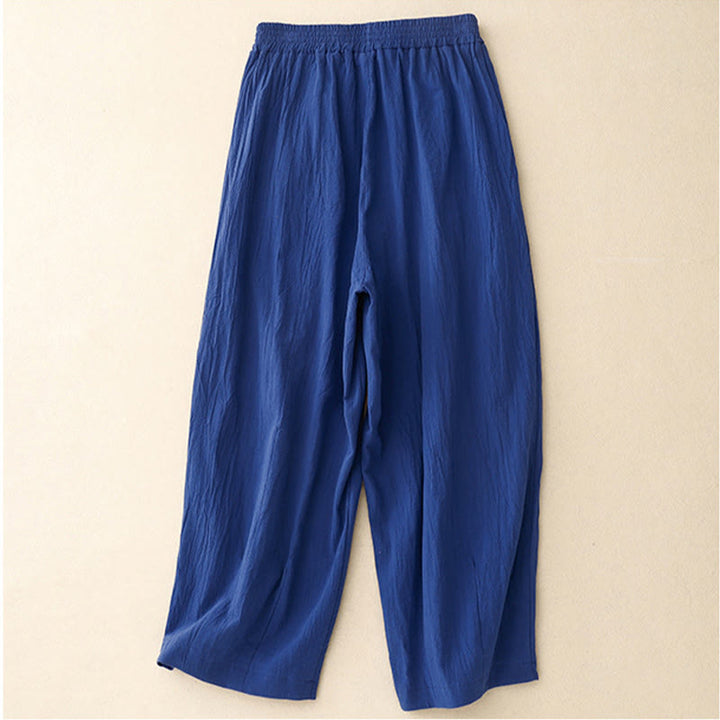 Buddha Stones Commute Solid Color Women's Harem Elastic Waist Cotton 7-8 Length Pants With Pockets - MediumBlue - US8-10，UK/AU12-14，EU40-42 (2XL) - image 3