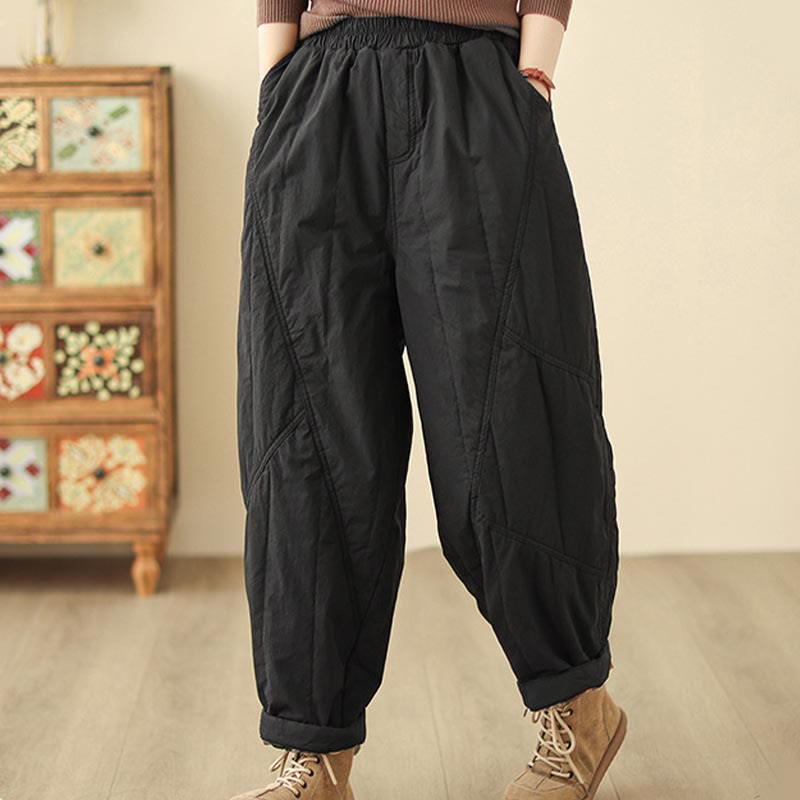 Buddha Stones Winter Plain High Waist Cotton Women's Harem Thermal Elastic Waist Pants With Pockets - image 9