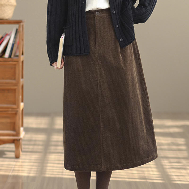 Buddha Stones Pure Color Elastic Waist Women's 7-8 Length Corduroy Skirt With Pockets - image 4