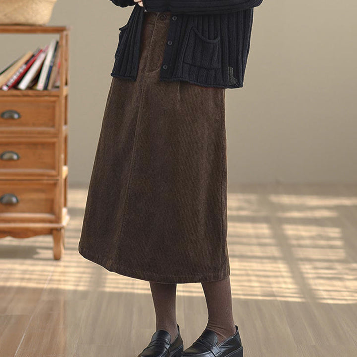 Buddha Stones Pure Color Elastic Waist Women's 7-8 Length Corduroy Skirt With Pockets - image 3