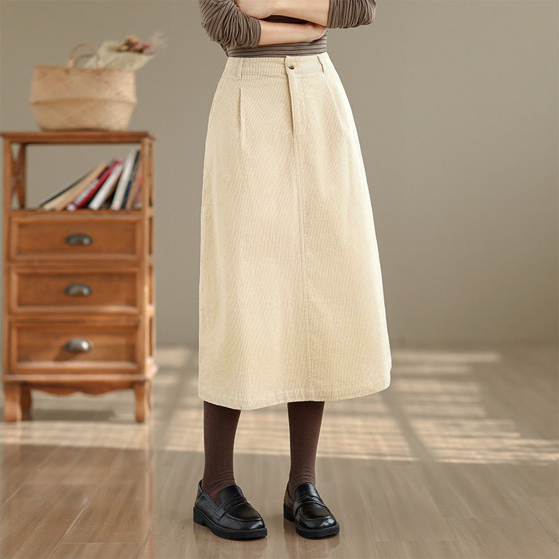 Buddha Stones Pure Color Elastic Waist Women's 7-8 Length Corduroy Skirt With Pockets - Beige - US8-10，UK/AU12-14，EU40-42 (2XL) - image 9