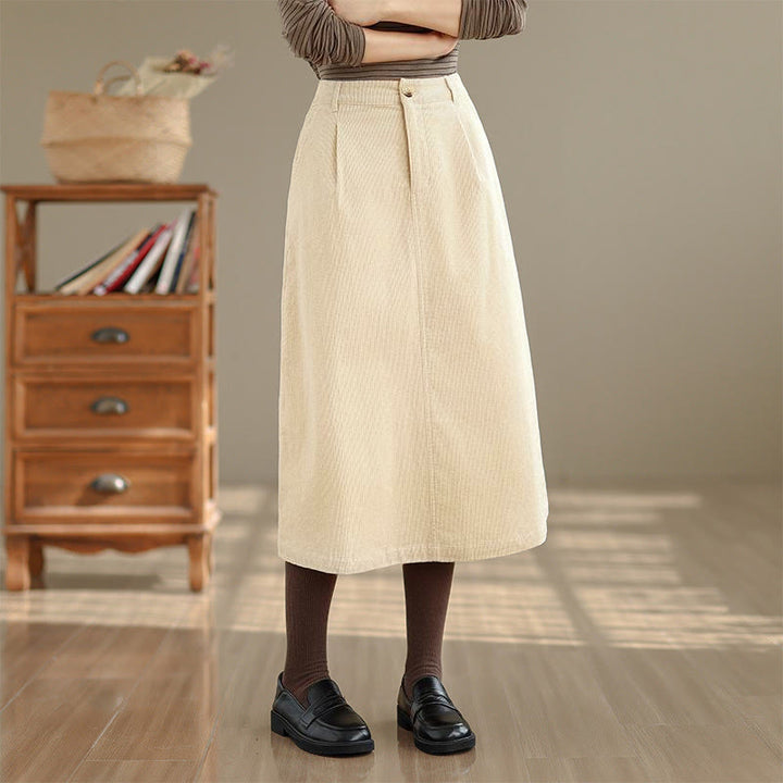 Buddha Stones Pure Color Elastic Waist Women's 7-8 Length Corduroy Skirt With Pockets - Beige - US8-10，UK/AU12-14，EU40-42 (2XL) - image 9