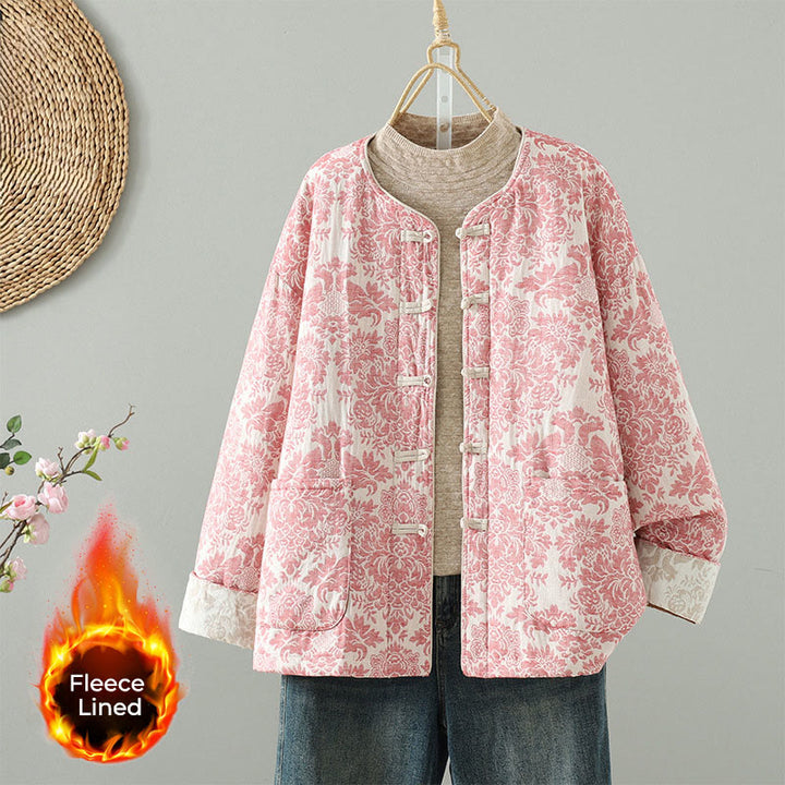 Buddha Stones Women's Peony Flowers Frog-Button Design Long Sleeve Thermal Jacket With Pockets - Salmon - US8-10，UK/AU12-14，EU40-42 (2XL) - image 0
