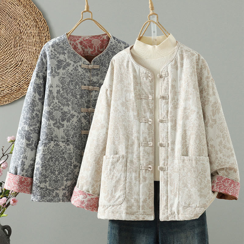 Buddha Stones Women's Peony Flowers Frog-Button Design Long Sleeve Thermal Jacket With Pockets - image 27