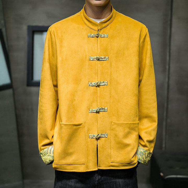 Buddha Stones Fall Waves Frog-Button Long Sleeve Men's Suede Cotton Jacket With Pockets - Gold - US/UK/AU42，EU52 (3XL) - image 0