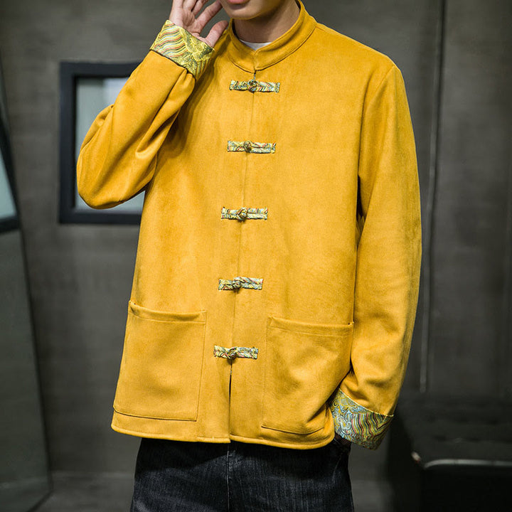 Buddha Stones Fall Waves Frog-Button Long Sleeve Men's Suede Cotton Jacket With Pockets - image 10