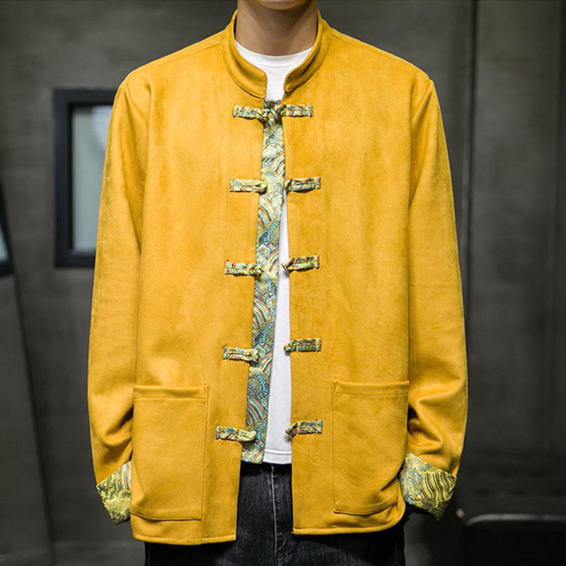 Buddha Stones Fall Waves Frog-Button Long Sleeve Men's Suede Cotton Jacket With Pockets - image 4