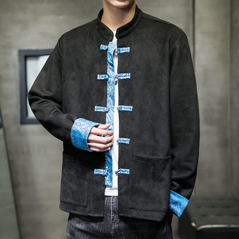 Buddha Stones Fall Waves Frog-Button Long Sleeve Men's Suede Cotton Jacket With Pockets - image 16