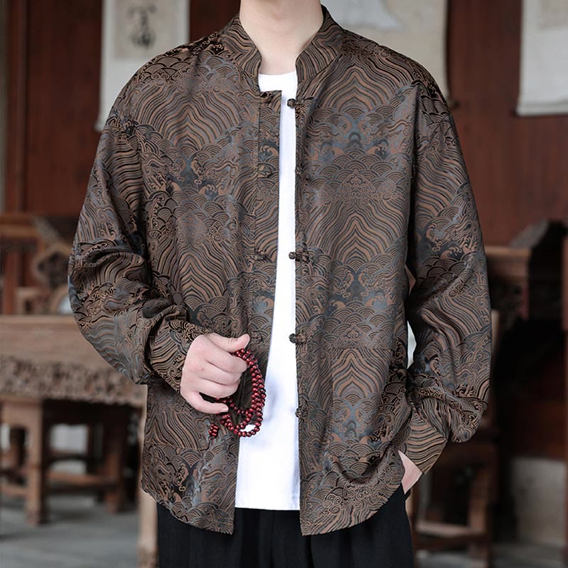 Buddha Stones Fall Flower Leaves Jacquard Frog-Button Long Sleeve Men's Jacket With Pockets - Tan - US/UK/AU46，EU56 (5XL) - image 0
