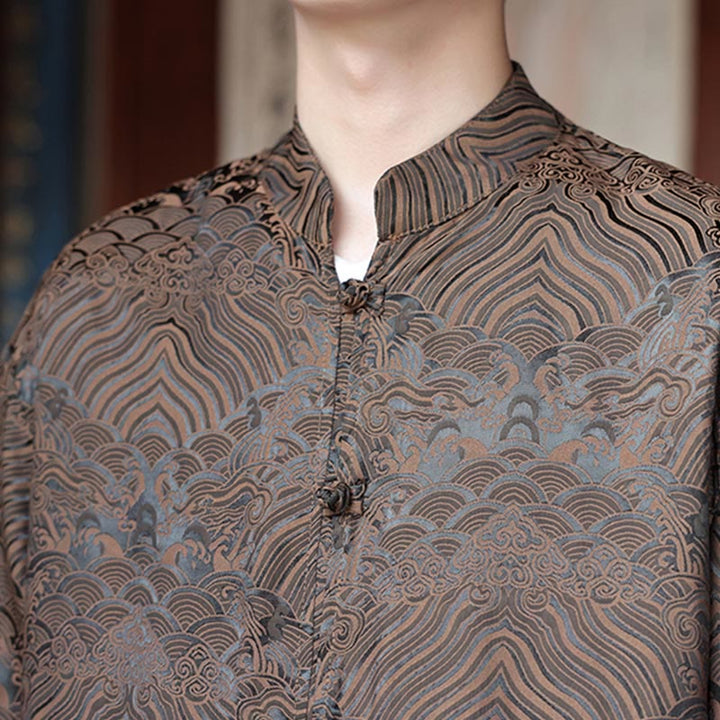 Buddha Stones Fall Flower Leaves Jacquard Frog-Button Long Sleeve Men's Jacket With Pockets - image 9