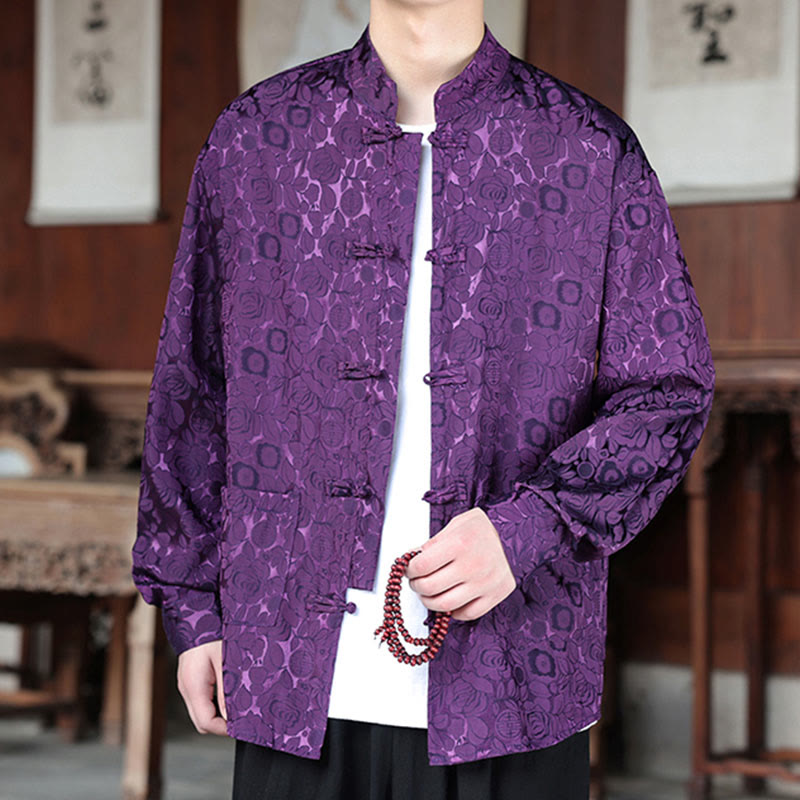 Buddha Stones Fall Flower Leaves Jacquard Frog-Button Long Sleeve Men's Jacket With Pockets - image 25