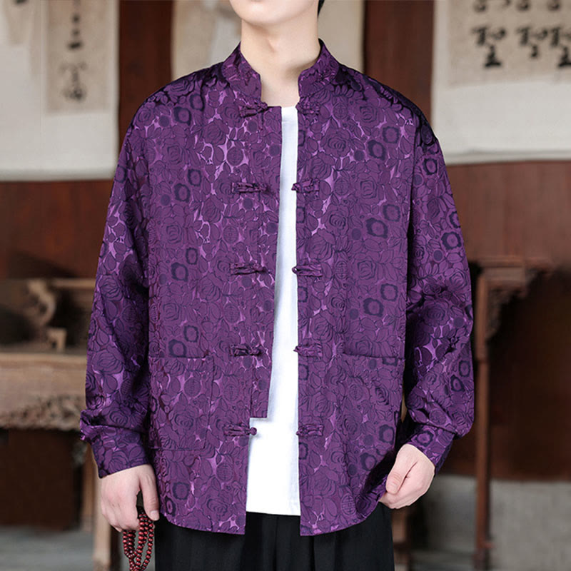 Buddha Stones Fall Flower Leaves Jacquard Frog-Button Long Sleeve Men's Jacket With Pockets - image 28