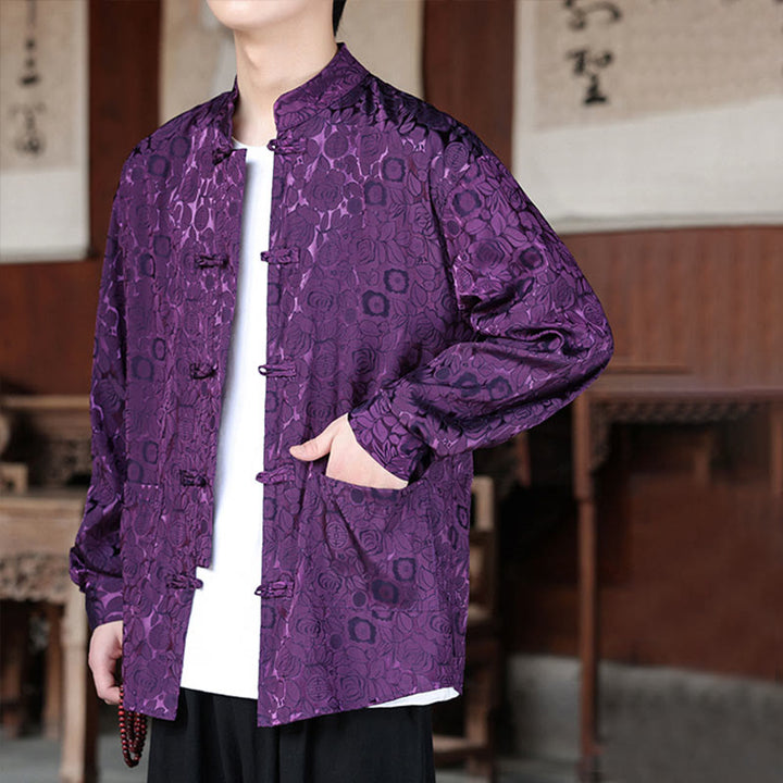 Buddha Stones Fall Flower Leaves Jacquard Frog-Button Long Sleeve Men's Jacket With Pockets - image 27