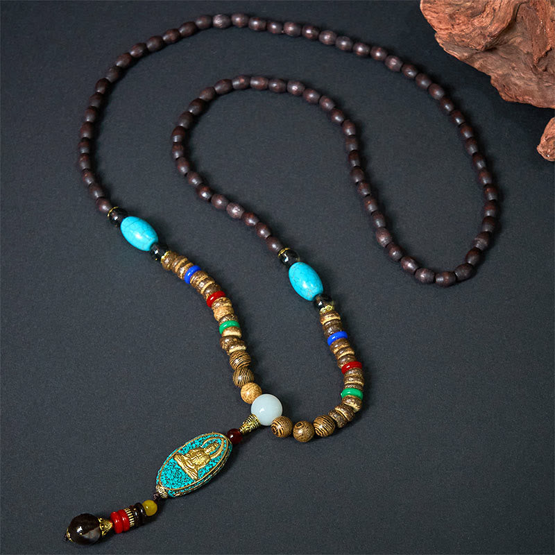 Buddha Stones Vintage Nepal Avalokitesvara Harmony Coconut Shell Beads Pendant Necklace - image 1