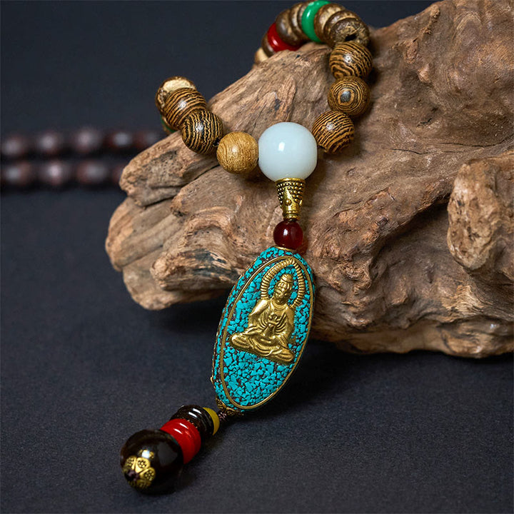 Buddha Stones Vintage Nepal Avalokitesvara Harmony Coconut Shell Beads Pendant Necklace - image 2