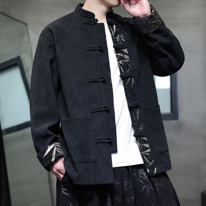 Buddha Stones Fall Bamboo Frog-Button Long Sleeve Men's Corduroy Cotton Jacket With Pockets - image 7