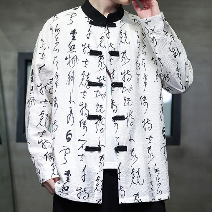 Buddha Stones Spring Fall Calligraphy Frog-Button Long Sleeve Men's Jacket - image 8